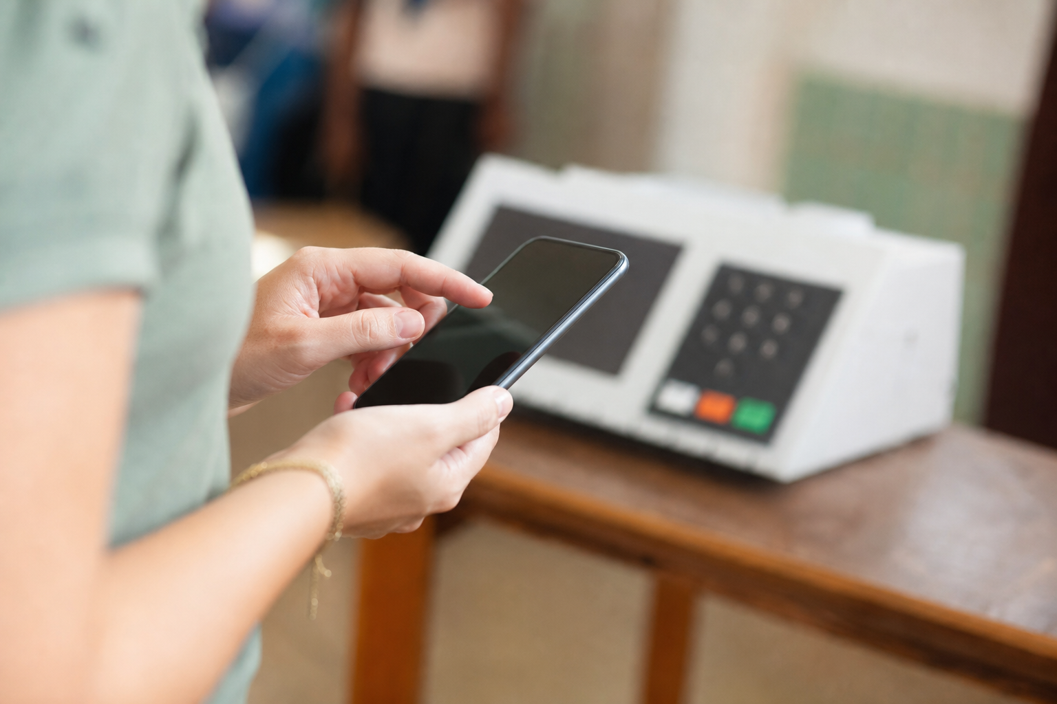 Pessoa usando celular para acessar serviços digitais da Justiça Eleitoral diante de uma urna eletrônica desfocada